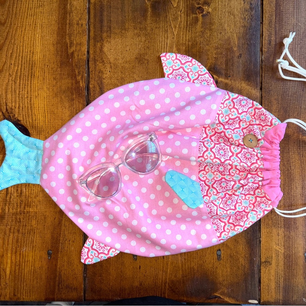 Playful Pink Fish Kids Drawstring Bag